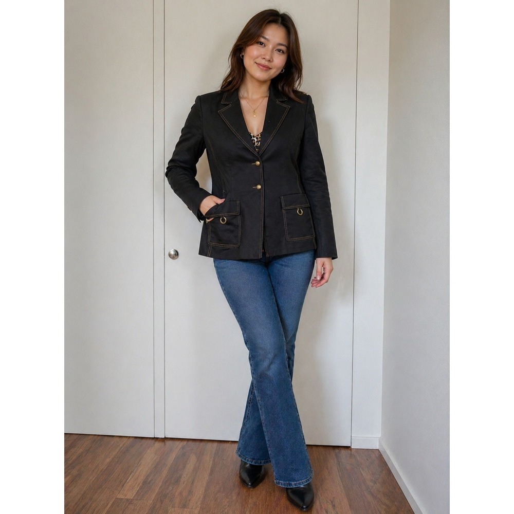 Tahari Arthur S Levine Black Blazer Leopard Lining 10P Granola Utilitarian Y2K